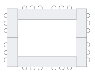 Rectangular tables and chair icons in a square formation with a hollow center.