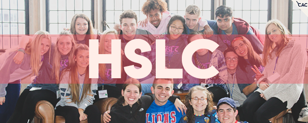 Students gathered together and smiling. HSLC text overlaying image.