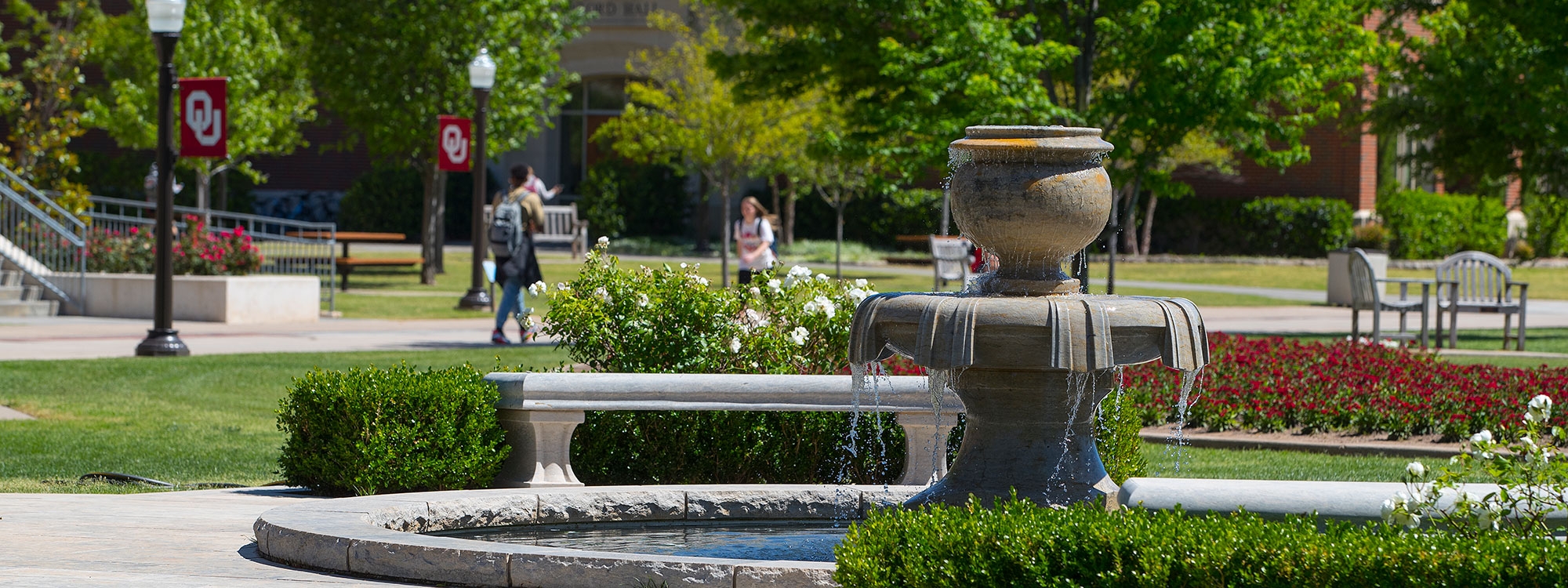 Fountain surrounded by greenery on the south oval.