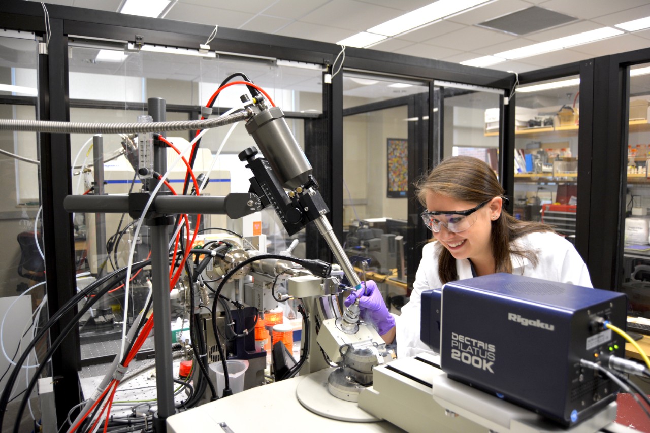 Flash-cooled crystal being mounted and aligned for data collection on an X-ray diffractometer person mounting crystal on X-ray diffractometer