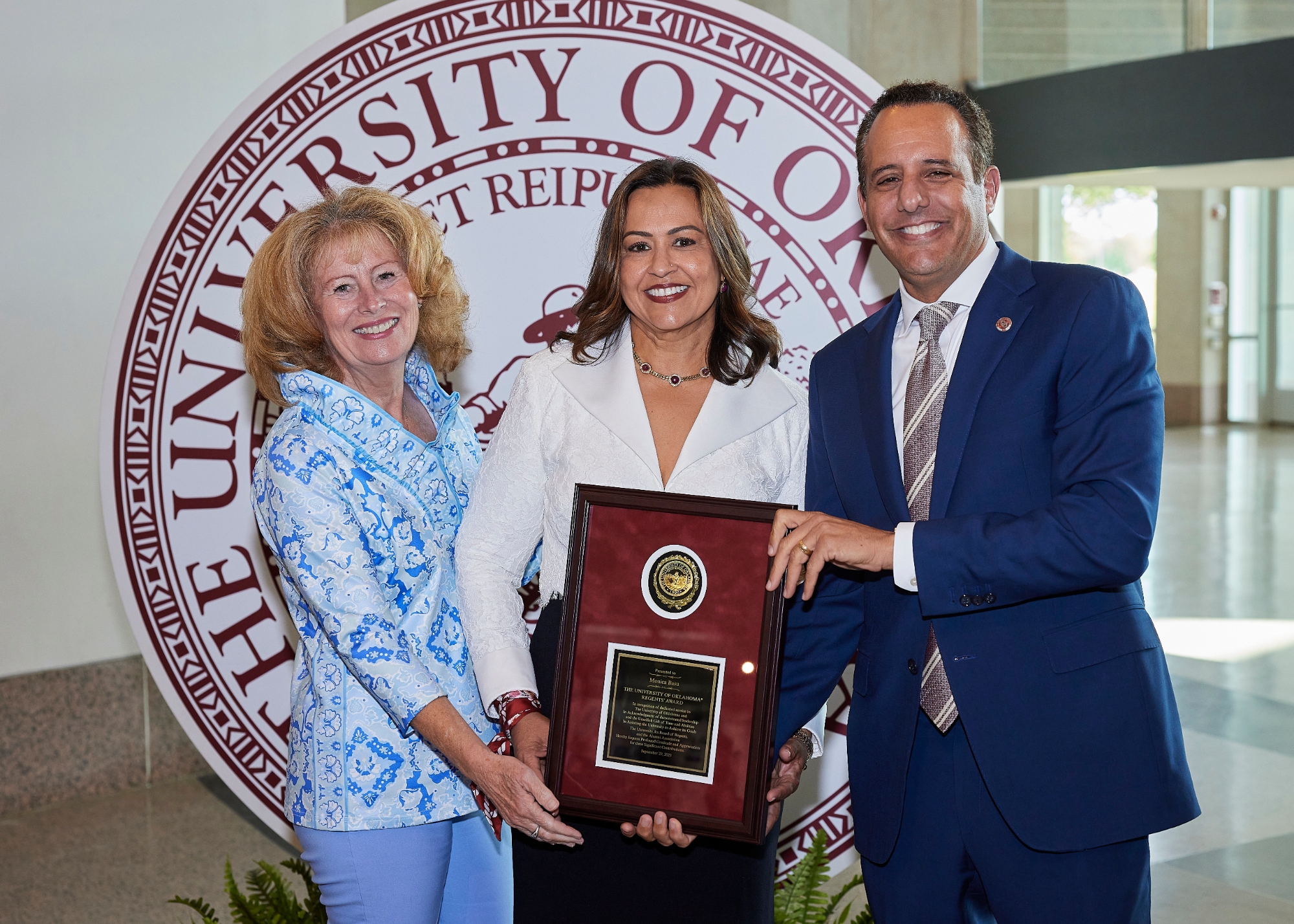 Monica Basu with OU President Harroz and OU Board of Regents Chair Natalie Shirley