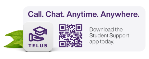 Call. Chat. Anytime. Anywhere. TELUS健康学生支持 App QR Code. Download the Student Support app today.