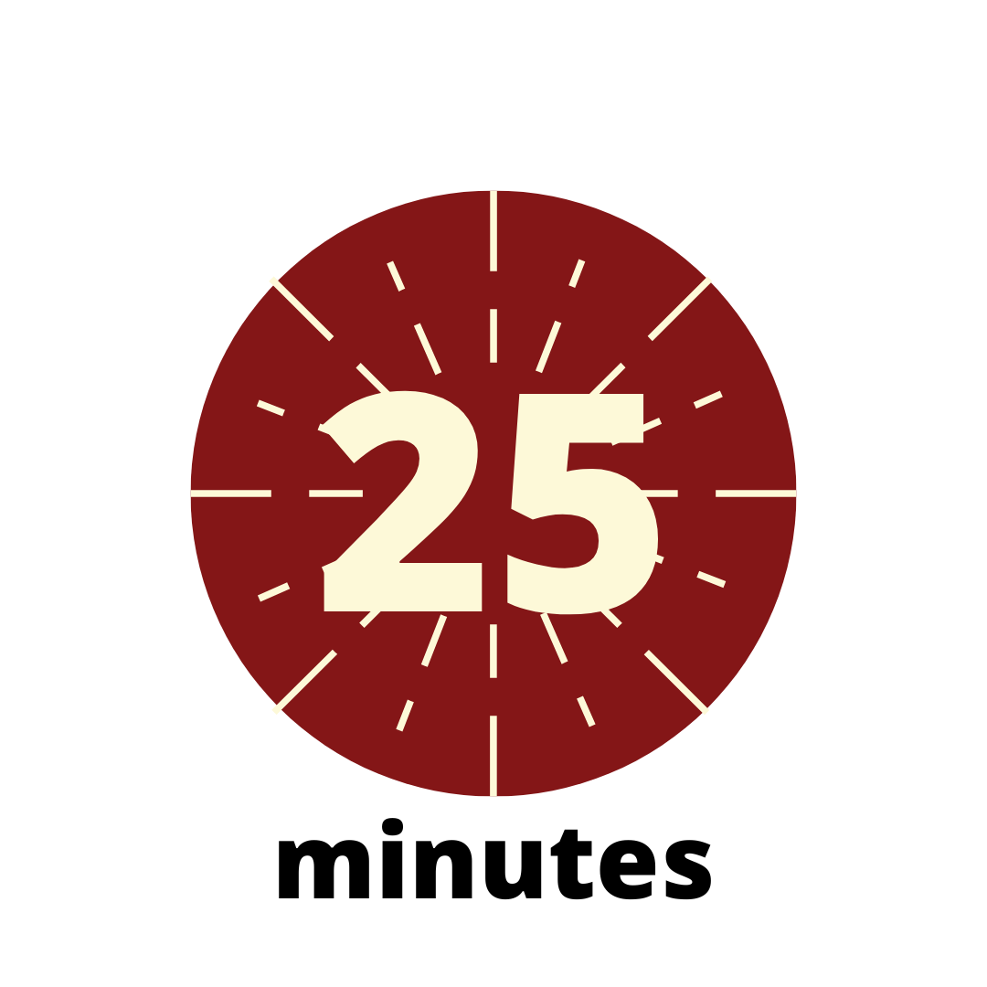 Red circle with cream bursts with words "25 minutes".