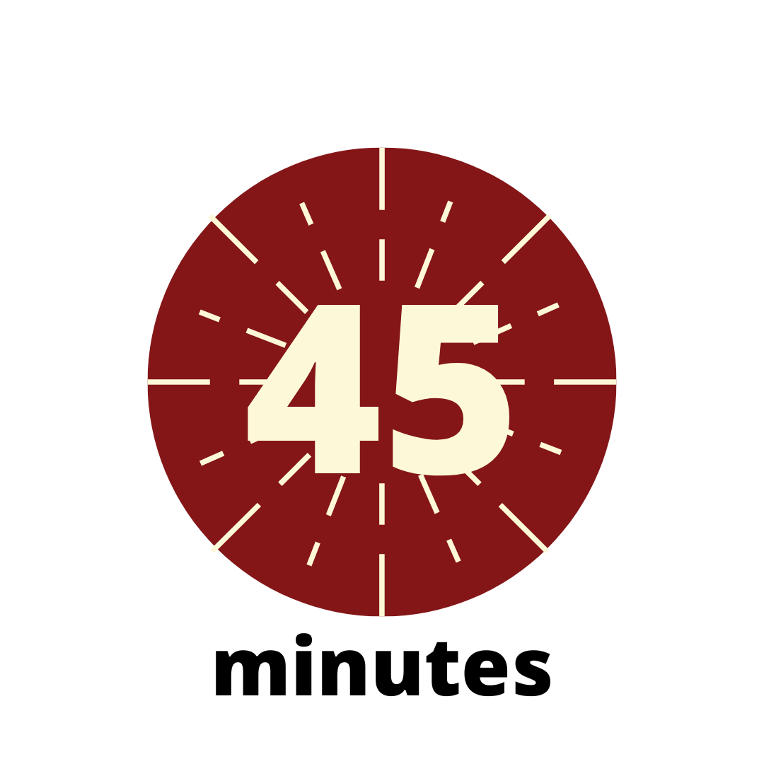 Red circle with cream bursts with words stating "45 minutes".